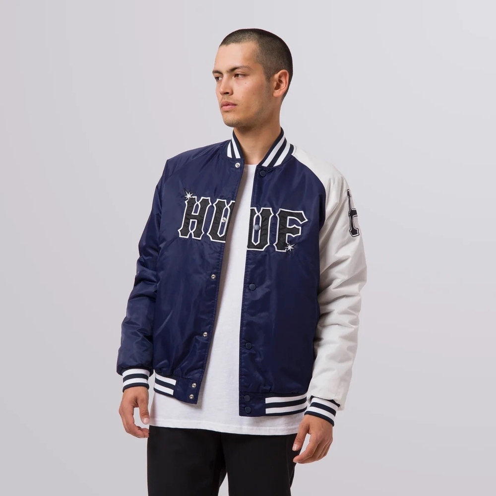 HUF Y2K Varsity Jacket Blue Streetwear Letterman Jacket  Retro College Bomber